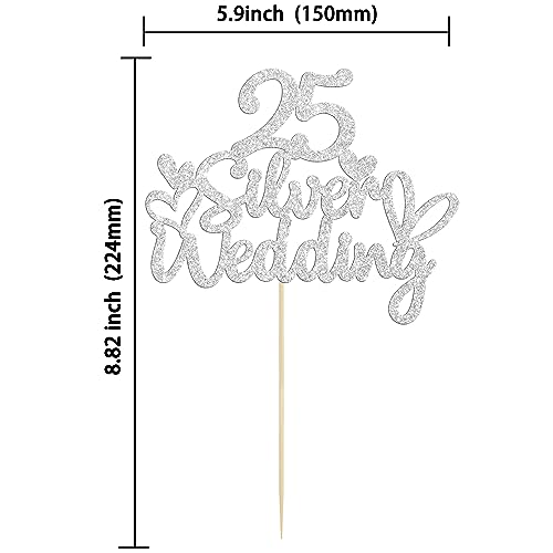 Gyufise 1Pcs 25th Wedding Anniversary Cake Toppers Silver Glitter 25th Wedding Anniversary Heart Cake Decoration for Celebration Party Supplies - Image 2