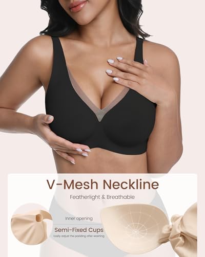 Image of Vinfact Deep V Mesh Bras for Women No Underwire Buttery Soft Wireless Bras Lightly Support Seamless Bralettes