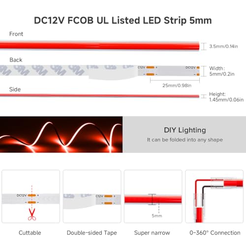 Image of BTF-LIGHTING FCOB COB LED Strip Red Color 5mm Width UL Listed Super Narrow Flexible Uniform Light DC12V 16.4FT CRI 90+ Dimmable LED Ribbon for Bedroom Home Indoor Decor(No Adapter or Controller)
