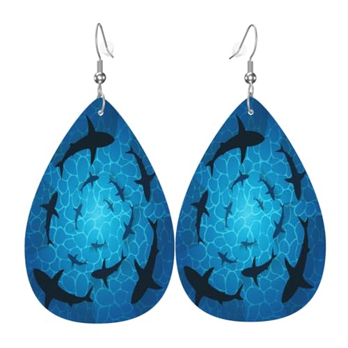 KOSUES Sharks In Ocean Isolated Sharks Circling Around Faux Leather Teardrop Earrings Double Sided Drop Dangle Earrings Lightweight Womens Ear Accessories Holiday Beach Party Statement Jewelry Gifts