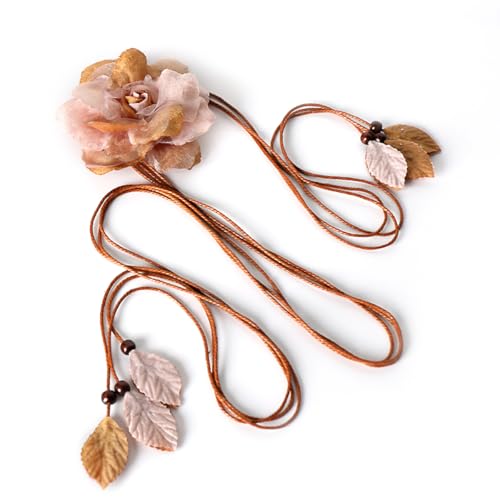 Women's Braided Rope Belt Big Decor Flower Thin Waist Belt Leaf Pendant Bohemian Knotted Rope Chain Belt For Dress