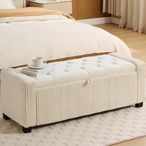 YYW HOME Ottoman Storage Bench for Bedroom End of Bed,Rectangular Entryway and Window Bench with Storage,Upholstered Fabric Ottoman Bench for Living Room, Hallway(White)