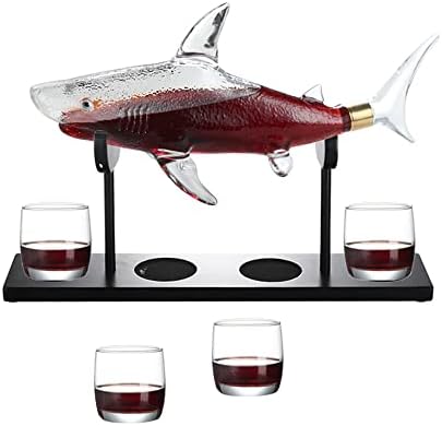 Whiskey Decanter Set with 4 Glasses & Wood Stand,1000ml Shark Dec...