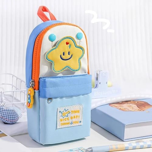 Image of Canvas School Bag Pencil Case, 3 Layer 6 Compartment Large Capacity, Aesthetic Pencil Pouch for Stationary, Cute Stationery for Kids, Pencil Case for Girls & Boys (Blue Star)