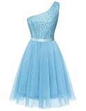 BeryLove Sequin One Shoulder Formal Homecoming Dresses for Teens Women's Sparkly Short Prom Cocktail Party Tulle Dress 2026 Blue XS
