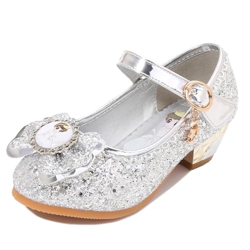 FStory&Winyee Sandalias Elsa Frozen de Princesa para Niñas con Tacón Zapatos para Niños Brillo de Fiesta Cristal Accesorios de Disfraz de Carnaval Fiesta de Actuación Bola de Baile Tacón,Plata 2,24