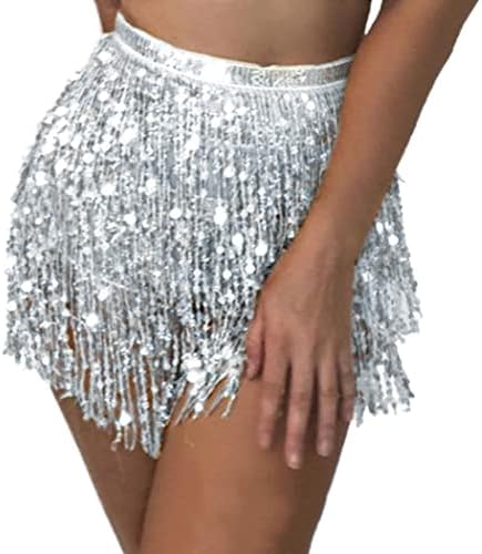 Kakaco Belly Dance Hip Skirt Sequin Fringe Skirts Tassel Wrap Scarf Party Rave Outfit for Women and Girls (A-Silver)
