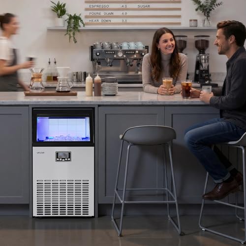 Image of VEVOR Commercial Ice Maker Machine with Pump, 100 lbs /24h with 26 lbs Storage Capacity, Built-in /Freestanding /Under Counter, Stainless Steel Ice Maker with LED Display & Self-Cleaning, for Home Bar