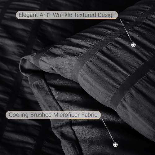 MUXHOMO 7 Pieces Queen Comforter Set, Seersucker Bed in a Bag Queen Size, All Season Luxury Bedding Set with Comforter, Flat Sheet, Fitted Sheet, Pillowcases & Shams, Black