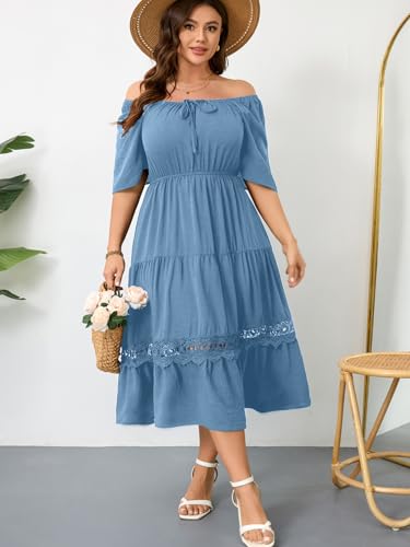 Image of RWJ Women's Plus Size Maxi Dress Short Sleeve Square Neck Flowy A-Line Lace Trim Flutter Party Casual Off Shoulder Dresses