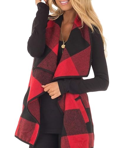 Women Sleeveless Cardigan Coat Lapel Open Front Plaid Vest Women Coat with Pockets