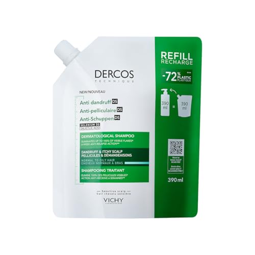 Vichy Dercos Anti-Schuppen DS, Dermatologisches Anti-Schuppen-Shampoo für normale bis fettige Kopfhaut und fettiges Haar, Anti-Rückfall-Wirkung, mit Selen DS und Salicylsäure, Nachfüllpackung, 390 ml