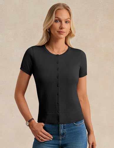 Womens Short Sleeve Cardigan Crew Neck Basic Casual Button Down Knit Soft Sweater2
