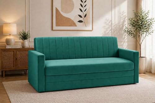 Image of Modern Velvet 3 Seater Sofa Cum Bed with Armrest, Convertible Sleeper Couch Sofa for Living Room, Bedroom & Office - Green Color