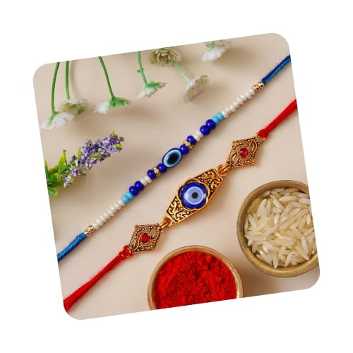 Image of eCraftIndia Set of 2 Evil Eye Designer Rakhis for Brother with Roli Chawal Pack | Raksha Bandhan Rakhi