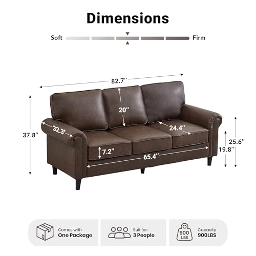 Image of Kingfun Faux Leather 3 Seater Couch, Mid Century Modern Sofa with Rolled Arms and Deep Seats, Fluffy Comfort for Living Room, Apartment, Easy Assembly, Cocoa