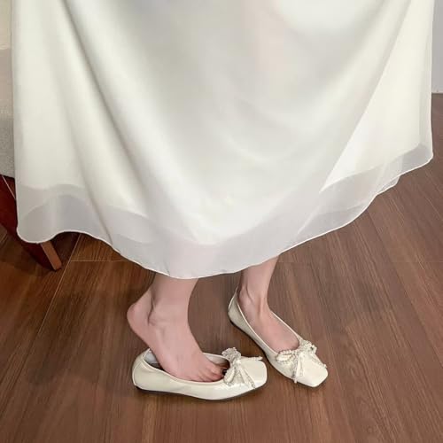 ChaiRong Zhou Women Pearl Bowknot Square Toe Pu Leather Flats Slip on Casual Dress Office Driving Shoes4