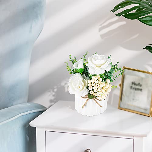 BLOSMON Artificial Flowers and Vase Decoration Fake Flower in Vases 2PCS White Plastic Rose Arrangement Table Floral Centrepieces Ornament Plant Bouquet for Wedding Room Window Garden Party Display - Image 2