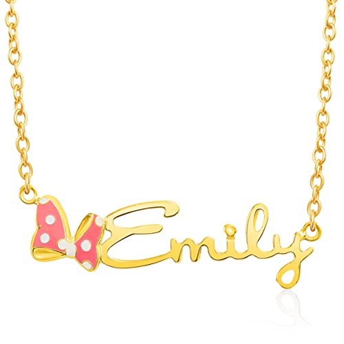 Disney Minnie Mouse Custom Name Necklace - 14k Gold over Sterling Silver Name Necklace Personalized, Minnie Polka Dot Bow