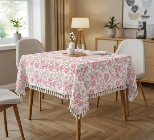 Image of RRC Microfiber Cotton Table Cloth Pack of 2 for 4 Seater Dining Table, 45 x 60 Inch Rectangular Printed Table Cover with Tassels, Washable, Durable & Fade Resistant
