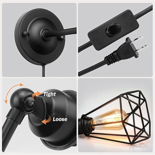 Apliques de pared retro industrial E27 con interruptor y enchufe ajustable color negro 5
