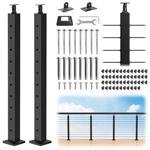 CKE 36 Cable Railing Post(Post 35x2x2) 2 Packs Adjustable Top Level Drilled Cable Railing Post Matte Black T304 Stainless Steel Level Drilled Railing Line Handrail Post for Indoor Outdoor LP01