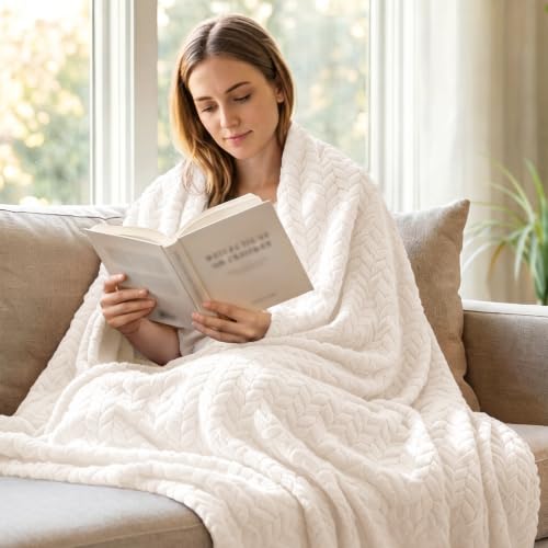 Image of Exclusivo Mezcla Soft Fleece Bed Blanket Queen Size, 90 inchx90 inch, Off White | Cozy Fluffy Lightweight Blankets for Summer, Decorative Plush Flannel Throws for Living room, Bedroom with Leaves Pattern
