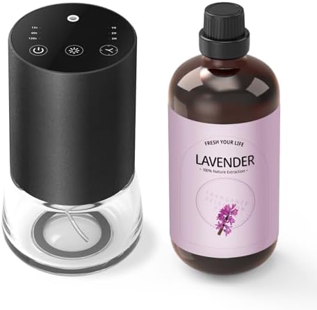 Waterless Essential Oil Diffuser 100ML Large Capacity Battery Operated Cordless Aromatherapy Diffuser with Timing & 3 Mist Levels car Diffuser 7 Colour Led Lights (Black-Set)