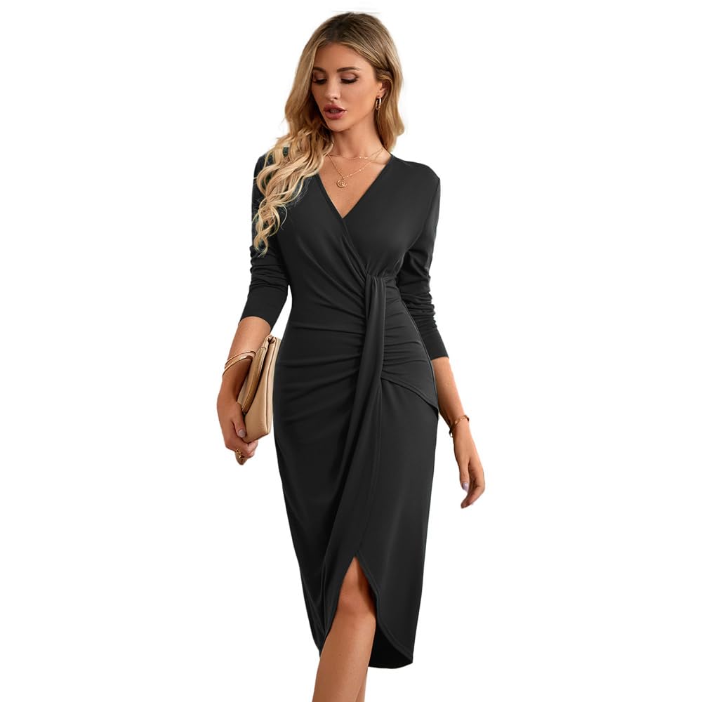 RPAEOY Vestido Mujer Elegante Cuello en V Bodycon con Pliegues Manga Larga Abertura Cóctel Lápiz Vestido de Fiesta Invitada