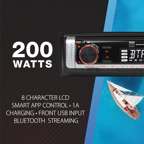 Image of Dual Electronics MXD140B Marine Stereo Bluetooth Single DIN Weatherproof AM /FM | Weatherproof receiver for boats, sunlight-readable LCD, USB port with 2.1A charging, AM /FM tuner, black single-DIN design