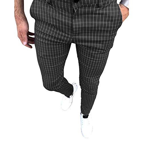 Banana Bucket Mens Casual Fashion Slim Fit Stretch Flat-Front Skinny Dress Pants Gray Plaid with Pockets