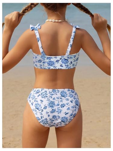Image of SHENHE Girl's Swimsuit Tropical Floral Bow Shoulder High Waist Teen Bikini Bathing Suit