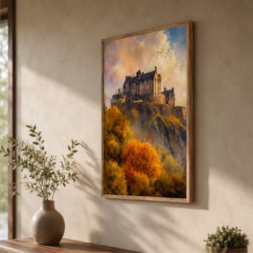 Image of Livin'luxe Castle Mountain Landscape Wall Painting for Living Room Bedroom Hall Office Decor, Vintage Autumn Artwork with Sparkle Laminate and Premium Wooden Synthetic Frame (19.5 x 25.5 Inch) NL01-4113