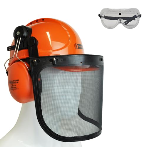 RocwooD Chainsaw Helmet Forestry Safety Hat Ear Defenders Metal Visor Protective Gear Arborist Mask Mesh PPE Orange Wood Shield Garden Chain Hard Hat Replacement Free Goggles