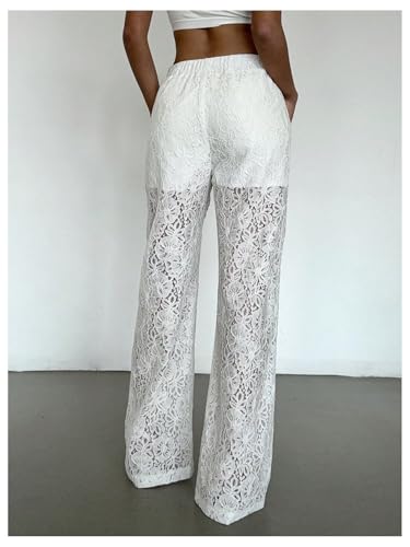 MakeMeChic Women's Summer Floral Lace Straight Leg Pants Elastic Waisted Elegant Trousers3