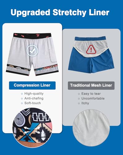 Mens Swim Trunks with Compression Liner 5" Stretch Beach Shorts 2 in 1 Quick Dry with Zipper Pockets Board Shorts4