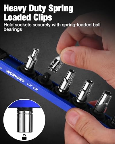 Image of WORKPRO Magnetic Socket Organizer Set, 1 /2 inch 3 /8 inch 1 /4 inch Drive Aluminum Alloy Socket Holder with Removable Socket Clip for Quick Customization, 3PC Socket Rail for Tool Box Drawer (Sockets Excluded)