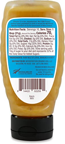 Image of Wedderspoon Raw Manuka Honey 50+ MGO, 12 Oz, Squeeze Bottle, Unpasteurized New Zealand Honey, Non-GMO, BPA-Free Jar, Superfood & Natural Wellness Support
