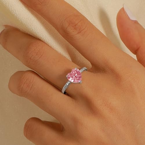 Dainty 925 Sterling Silver Pink Heart Promise Ring for Women Mother Heart Shaped Pink Cubic Zirconia Statement Ring to Daughter Eternity Engagement Rings Band Purity Ring Ladies Wedding Jewelry Gift4