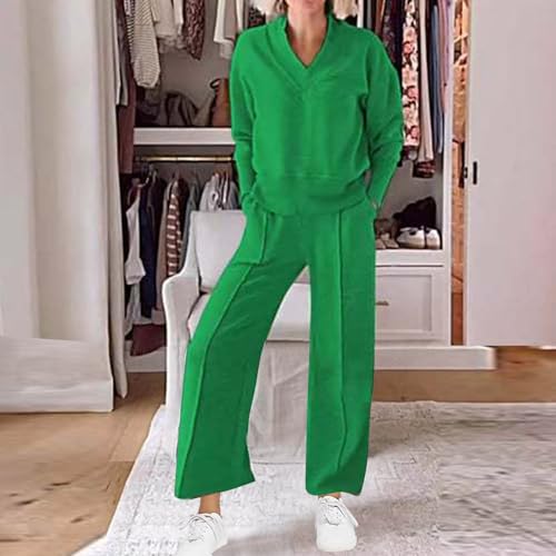 Women 2 Piece Outfit Sweatsuit Oversized V Neck Sweatshirt Pullover Top Wide Leg Pants Sweatpants Tracksuit Matching Set2