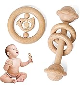 2pc Set Wooden Rattle Toys Beech Wood Ring Montessori Bird Shape Grasping Toddler Toys