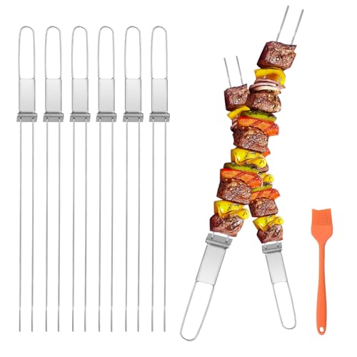 Stainless Steel Skewers for Grilling, 17"（6PCS）Dual-Prong Flat with Slider
