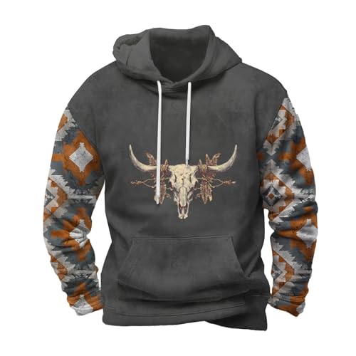 Men's Aztec Hoodies 2025 Trendy Graphic Western Sweatshirts Hooded Patchwork Cowboy Outfits with Kangaroo Pocket