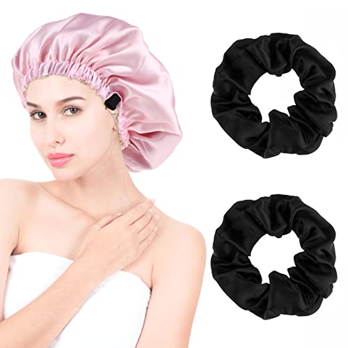 Lusofie Satin Bonnet For Sleeping, Satin Silk Bonnet Satin Cap Hair Wrap Adjustable Sleep Cap With 2 Pcs Hair Ties For Women And Girls Shower Cap Pink #TOP8