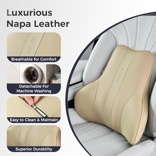 Image of Coverado Lumbar Support Pillow for Car, Ergonomic Memory Foam Back Pillow for Office Chair, Back Cushion for Back Pain Relief, PU Leather Car Lumbar Support for Driving Seat - Beige