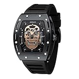 MF MINI FOCUS Men Watches Unique Tonneau Skeleton Skull Watch (Waterproof/Super Luminous/Calendar) Silicon Band Fashion Cool Watch for Men