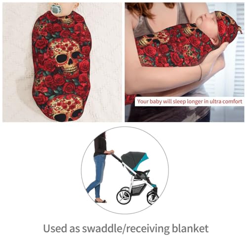 Image of Red Floral and Skulls Newborn Swaddle Blankets Hat Sets Soft Baby Receiving Blanket Swaddle Sack for Baby Shower Infant Boy Girl Gift