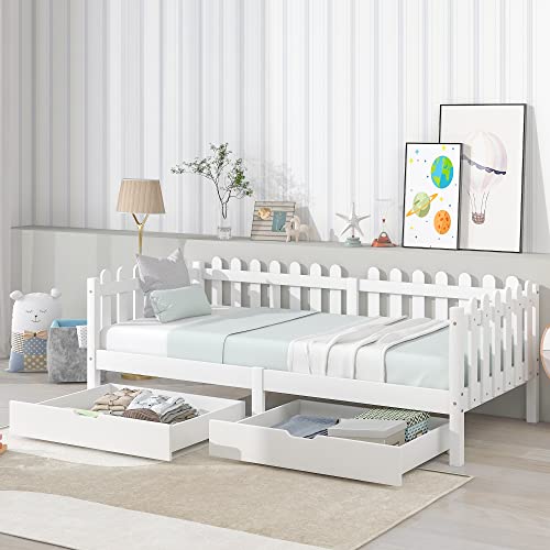 Lit Simple 90x200 cm Lit d'enfant avec tiroir et Protection Contre la Chute, en pin Massif Canapé-lit Lit d'invité pour Enfants Jeunesse (Blanc A) Cover