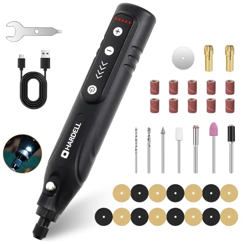 HARDELL Mini Amoladora Inalámbrica 4V, Herramienta Rotativa Multifunción con 5 Velocidades, Luz LED y Batería 2000mAh, Mini Taladro Recargable para Lijar, Pulir, Grabar y Manualidades DIY