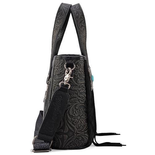 Image of Montana West Wrangler Cowhide Tote Bag for Women Western Tooling Handbag Leather Fringing with Turquoise Stone Concho